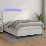 vidaXL Box spring postelja z vzmetnico LED bela 140x200cm umetno usnje