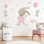 Stenske nalepke za deklice – Zajčki z baloni v rožnati barvi