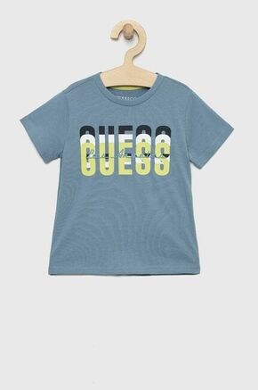 Otroška bombažna kratka majica Guess - modra. Otroški kratka majica iz kolekcije Guess. Model izdelan iz tanke