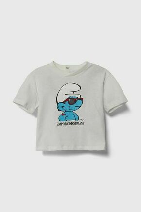 Otroška bombažna majica Emporio Armani x The Smurfs bež barva - bež. Kratka majica za dojenčke iz kolekcije Emporio Armani. Model je izdelan iz udobne pletenine. Visokokakovostna tkanina