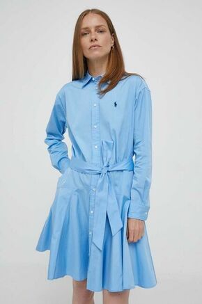 Bombažna obleka Polo Ralph Lauren - modra. Obleka iz kolekcije Polo Ralph Lauren. Model izdelan iz enobarvne tkanine. Model iz izjemno udobne bombažne tkanine.