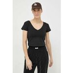 Kratka majica Guess ženski, črna barva - črna. Kratka majica iz kolekcije Guess, izdelana iz enobarvne pletenine. Material z optimalno elastičnostjo zagotavlja popolno svobodo gibanja.
