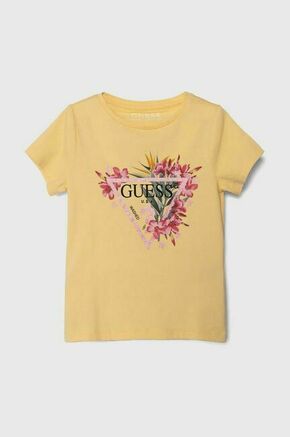 Otroška kratka majica Guess rumena barva - rumena. Otroške kratka majica iz kolekcije Guess. Model izdelan iz pletenine s potiskom. Model iz izjemno udobne tkanine z visoko vsebnostjo bombaža.