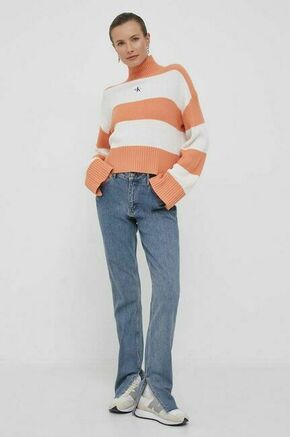 Bombažen pulover Calvin Klein Jeans bež barva - bež. Pulover iz kolekcije Calvin Klein Jeans. Model izdelan iz vzorčaste pletenine. Model iz izjemno udobne bombažne tkanine.