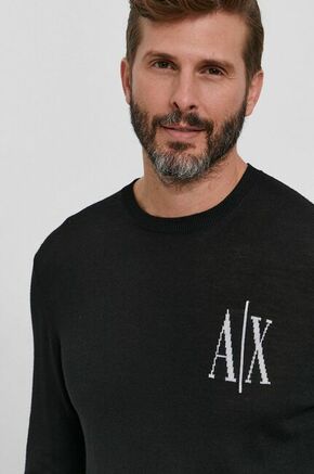 Armani Exchange pulover iz volne - črna. Pulover iz zbirke Armani Exchange. Model z okroglim izrezom