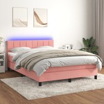 Greatstore Box spring postelja z vzmetnico LED roza 140x190 cm žamet