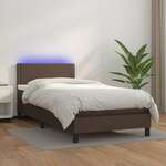 Greatstore Box spring postelja z vzmetnico LED rjava 90x200 cm um. usnje
