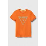 Otroška kratka majica Guess oranžna barva - oranžna. Otroške kratka majica iz kolekcije Guess, izdelana iz tanke, elastične pletenine. Model iz izjemno udobne, zračne tkanine z visoko vsebnostjo bombaža.