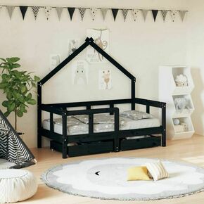 Greatstore Otroški posteljni okvir s predali črn 70x140 cm trdna borovina
