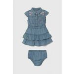Obleka za dojenčka Guess - modra. Za dojenčke obleka iz kolekcije Guess. Model izdelan iz enobarvne tkanine. Model iz izjemno udobne, zračne tkanine.