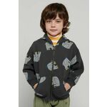 Otroški bombažen pulover Bobo Choses siva barva, s kapuco - siva. Otroški pulover s kapuco iz kolekcije Bobo Choses. Model z zapenjanjem na zadrgo, izdelan iz vzorčaste pletenine.