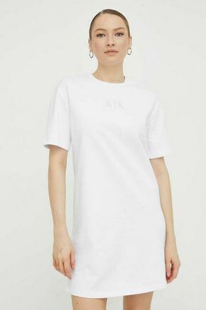 Bombažna obleka Armani Exchange bela barva - bela. Obleka iz kolekcije Armani Exchange. Model izdelan iz pletenine z nalepko. Model iz izjemno udobne bombažne tkanine.