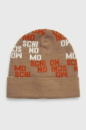 Volnena kapa Moschino bež barva - bež. Kapa iz kolekcije Moschino. Model izdelan iz vzorčaste pletenine. Izjemno udoben material.