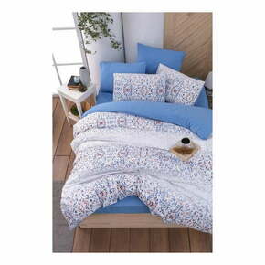 Bela/modra podaljšana posteljnina za zakonsko posteljo z rjuho 200x220 cm Geometric – Mila Home