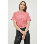 Bombažna kratka majica Guess roza barva - roza. Kratka majica iz kolekcije Guess. Model izdelan iz pletenine z nalepko.