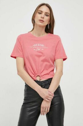 Bombažna kratka majica Guess roza barva - roza. Kratka majica iz kolekcije Guess. Model izdelan iz pletenine z nalepko.