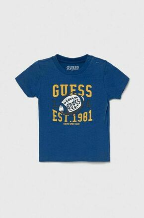 Kratka majica za dojenčka Guess - modra. Kratka majica za dojenčka iz kolekcije Guess. Model izdelan iz udobne pletenine. Visokokakovosten material