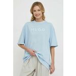 Bombažna kratka majica HUGO ženski - modra. Kratka majica iz kolekcije HUGO, izdelana iz tanke, elastične pletenine. Model iz izjemno udobne bombažne tkanine, ki je zračna.