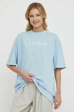 Bombažna kratka majica HUGO ženski - modra. Kratka majica iz kolekcije HUGO