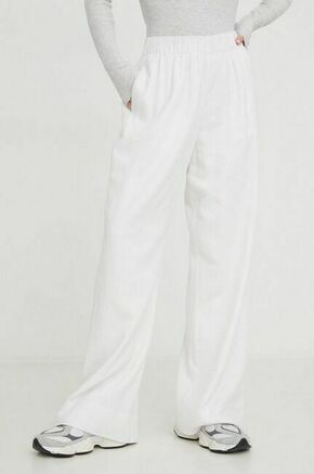 Lanene hlače Abercrombie &amp; Fitch bela barva - bela. Hlače iz kolekcije Abercrombie &amp; Fitch izdelane iz enobarvne tkanine. Model iz zračne tkanine z visoko vsebnostjo lanu.