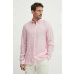 Lanena srajca Tommy Hilfiger roza barva, MW0MW34602 - roza. Srajca iz kolekcije Tommy Hilfiger, izdelana iz enobarvne tkanine. Model iz izjemno udobne, zračne tkanine.