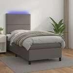Greatstore Box spring postelja z vzmetnico LED siva 90x200 cm umetno usnje