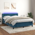 Greatstore Box spring postelja z vzmetnico LED temno modra 140x190cm žamet