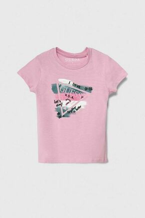 Otroška kratka majica Guess roza barva - roza. Otroške lahkotna kratka majica iz kolekcije Guess. Model izdelan iz visokokakovostne pletenine