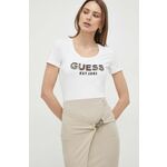 Kratka majica Guess ženski, bela barva - bela. Kratka majica iz kolekcije Guess. Model izdelan iz pletenine z nalepko.