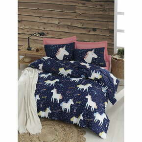 Posteljno perilo z rjuho za zakonsko posteljo Eponj Home Magic Unicorn Dark Blue