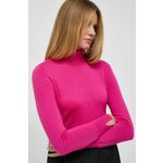 Volnen pulover BOSS ženski, roza barva - roza. Pulover iz kolekcije BOSS. Model izdelan iz enobarvne pletenine. Deviška volna je lažja od klasične volne. Odlikujejo jo izjemna mehkoba, finost in trpežnost.