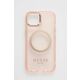 Guess iphone 14 6,1" roza/pink trdi ovitek zlata obrisa prosojen magsafe