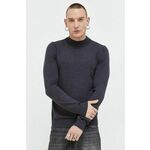Volnen pulover HUGO moški, siva barva - siva. Pulover iz kolekcije HUGO. Model z okroglim izrezom, izdelan iz tanke, elastične pletenine.