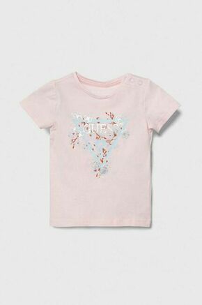 Kratka majica za dojenčka Guess roza barva - roza. Kratka majica za dojenčka iz kolekcije Guess. Model izdelan iz mehke pletenine s potiskom.