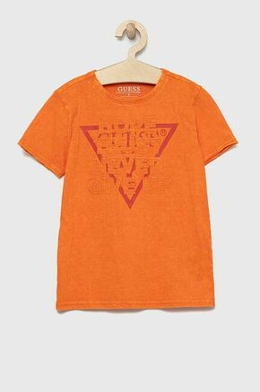Otroška bombažna kratka majica Guess oranžna barva - oranžna. Otroški kratka majica iz kolekcije Guess. Model izdelan iz pletenine z nalepko.