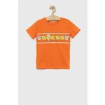 Otroška bombažna kratka majica Guess oranžna barva - oranžna. Otroški Lahkotna kratka majica iz kolekcije Guess. Model izdelan iz tanke, elastične pletenine. Izjemno udoben material, izdelan iz naravnih vlaken.