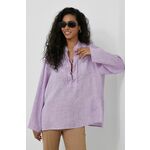 Lanena bluza Emporio Armani vijolična barva - vijolična. Bluza iz kolekcije Emporio Armani, izdelana iz lahke tkanine. Model iz izjemno udobne in zračne tkanine je idealen za toplejše letne čase.
