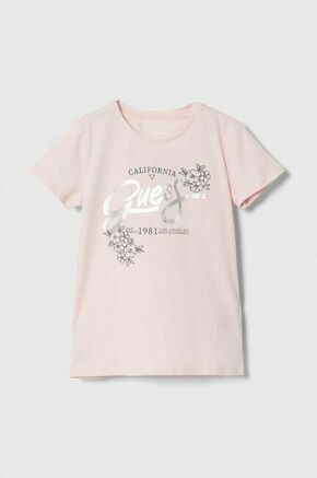 Otroška kratka majica Guess roza barva - roza. Otroške lahkotna kratka majica iz kolekcije Guess. Model izdelan iz pletenine