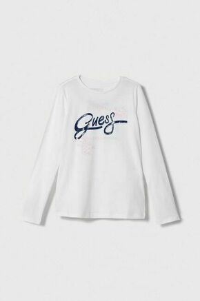 Otroška dolga majica Guess bela barva - bela. Otroške Majica z dolgimi rokavi iz kolekcije Guess. Model izdelan iz izjemno udobne pletenine. Model iz mehke in na otip prijetne tkanine.