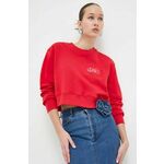 Bombažen pulover Moschino Jeans ženska, rdeča barva - rdeča. Pulover iz kolekcije Moschino Jeans, izdelan iz pletenine z nalepko. Model iz izjemno udobne bombažne tkanine.