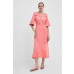 Obleka iz mešanice lana BOSS roza barva, 50512807 - roza. Obleka iz kolekcije BOSS. Model izdelan iz enobarvnega materiala. Model iz zračne, zračne tkanine z visoko vsebnostjo lanu.