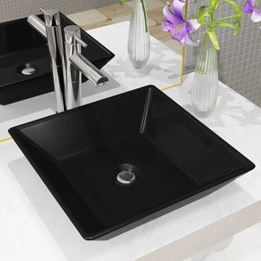 VidaXL Keramični umivalnik kvadratne oblike črne barve 41