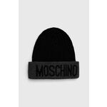 Volnena kapa Moschino črna barva - črna. Kapa iz kolekcije Moschino. Model izdelan iz pletenine s potiskom.
