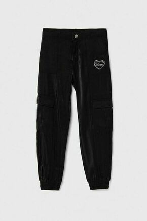 Otroške hlače Guess črna barva - črna. Otroški hlače iz kolekcije Guess. Model izdelan iz enobarvne tkanine. Model iz izjemno udobne tkanine z visoko vsebnostjo viskoze.