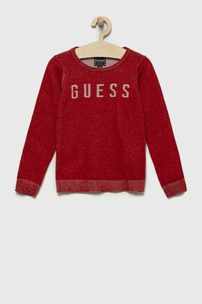 Otroški bombažen pulover Guess rdeča barva - rdeča. Otroški Pulover iz kolekcije Guess. Model z okroglim izrezom
