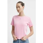 Kratka majica HUGO ženski, roza barva - roza. Kratka majica iz kolekcije HUGO, izdelana iz tanke, elastične pletenine. Model iz izjemno udobne tkanine z visoko vsebnostjo bombaža.