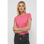 Kratka majica Tommy Jeans ženski, roza barva - roza. Lahkotna kratka majica iz kolekcije Tommy Jeans, izdelana iz udobne pletenine. Model iz tkanine, ki je izjemno prijetna na otip.