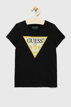 Otroška kratka majica Guess črna barva - črna. Otroški kratka majica iz kolekcije Guess. Model izdelan iz pletenine z nalepko.