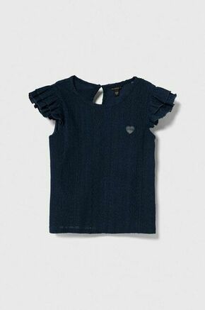 Otroška kratka majica Guess mornarsko modra barva - mornarsko modra. Otroške kratka majica iz kolekcije Guess. Model izdelan iz enobarvne pletenine. Zaradi vsebnosti poliestra je tkanina bolj odporna na gubanje.
