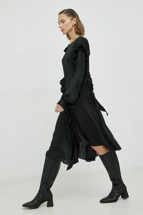 Obleka Remain črna barva - črna. Lahkotna obleka iz kolekcije Remain. Nabran model izdelan iz enobarvne tkanine. Nežen material